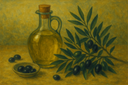 An illustration of olives next to a jug of olive oil on a table