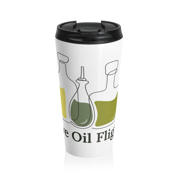 A durable white stainless steel travel mug with the Olive Oil Flights logo