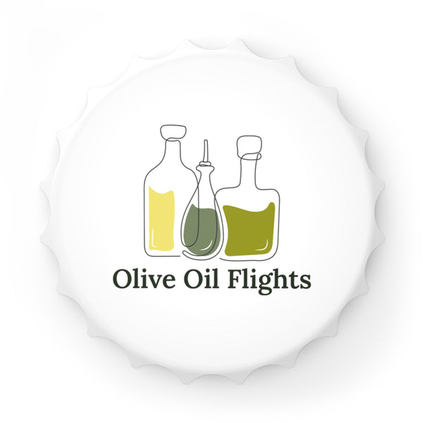 The top of a unique bottle-cap-shaped white magnetic bottle opener with the Olive Oil Flights logo