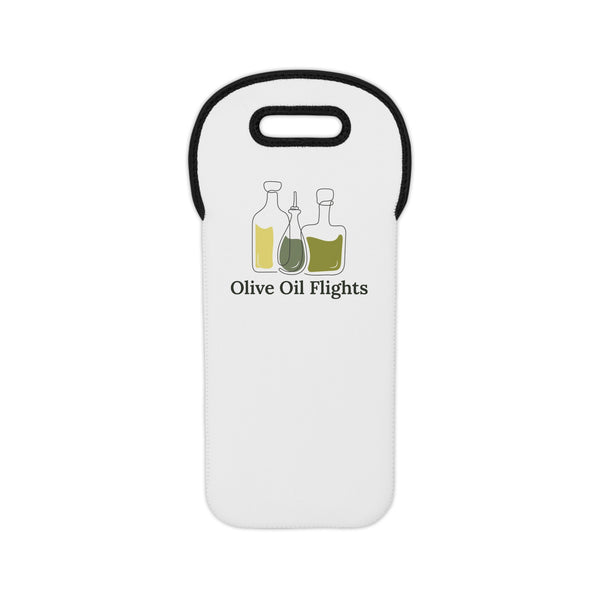 A stylish white carrying tote bag for premium extra virgin olive oil bottles, printed with the Olive Oil Flights logo
