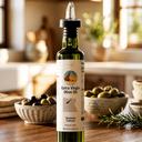 A no-drip precision pourer and spout on a bottle of premium Egyptian Shemlaly extra virgin olive oil